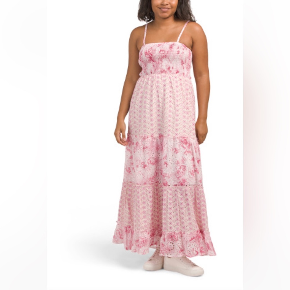 NWT Solitaire Pink Floral Sleeveless Mixed Embroidered Eyelet Maxi sundress - M